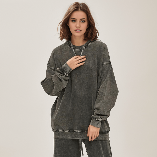 Ağır Batik Yıkamalı Bisiklet Yaka Kapüşonlu Üst