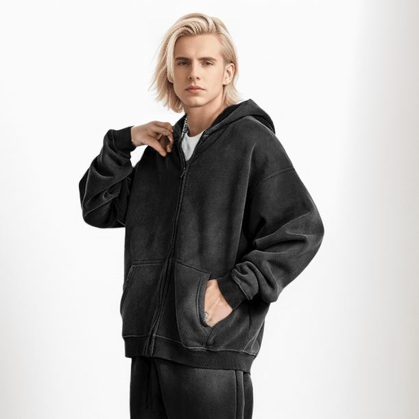 Veste ample à capuche avec fermeture à glissière, lavée au singe