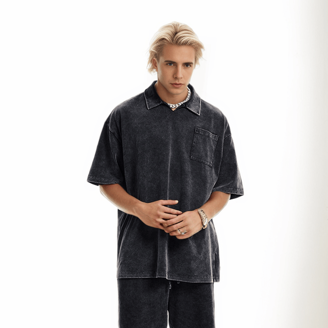 워싱 루즈 캠프 칼라 반소매 폴로 셔츠