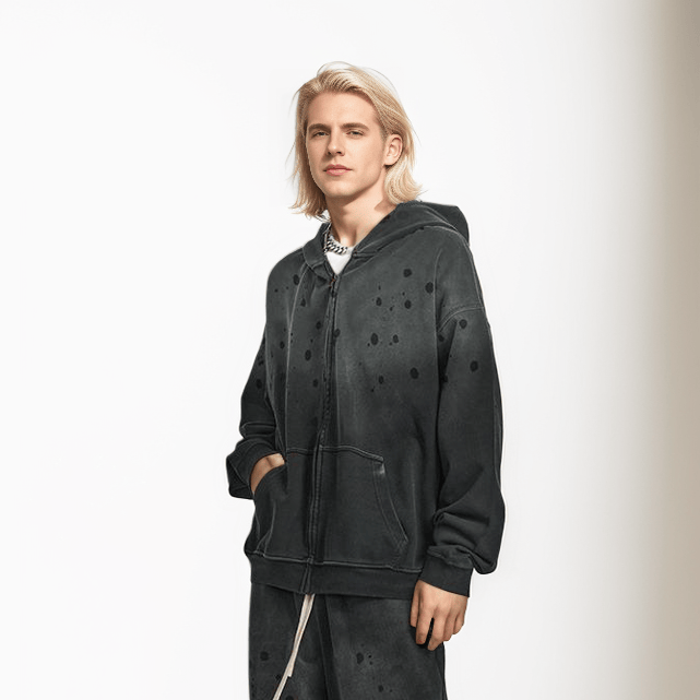 Giacca con cappuccio stampata con lavaggio pesante