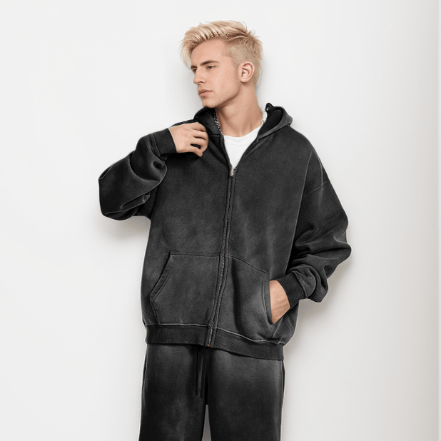 Veste ample à capuche avec fermeture à glissière, lavée au singe