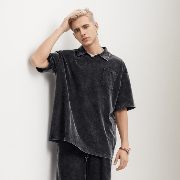 워싱 루즈 캠프 칼라 반소매 폴로 셔츠