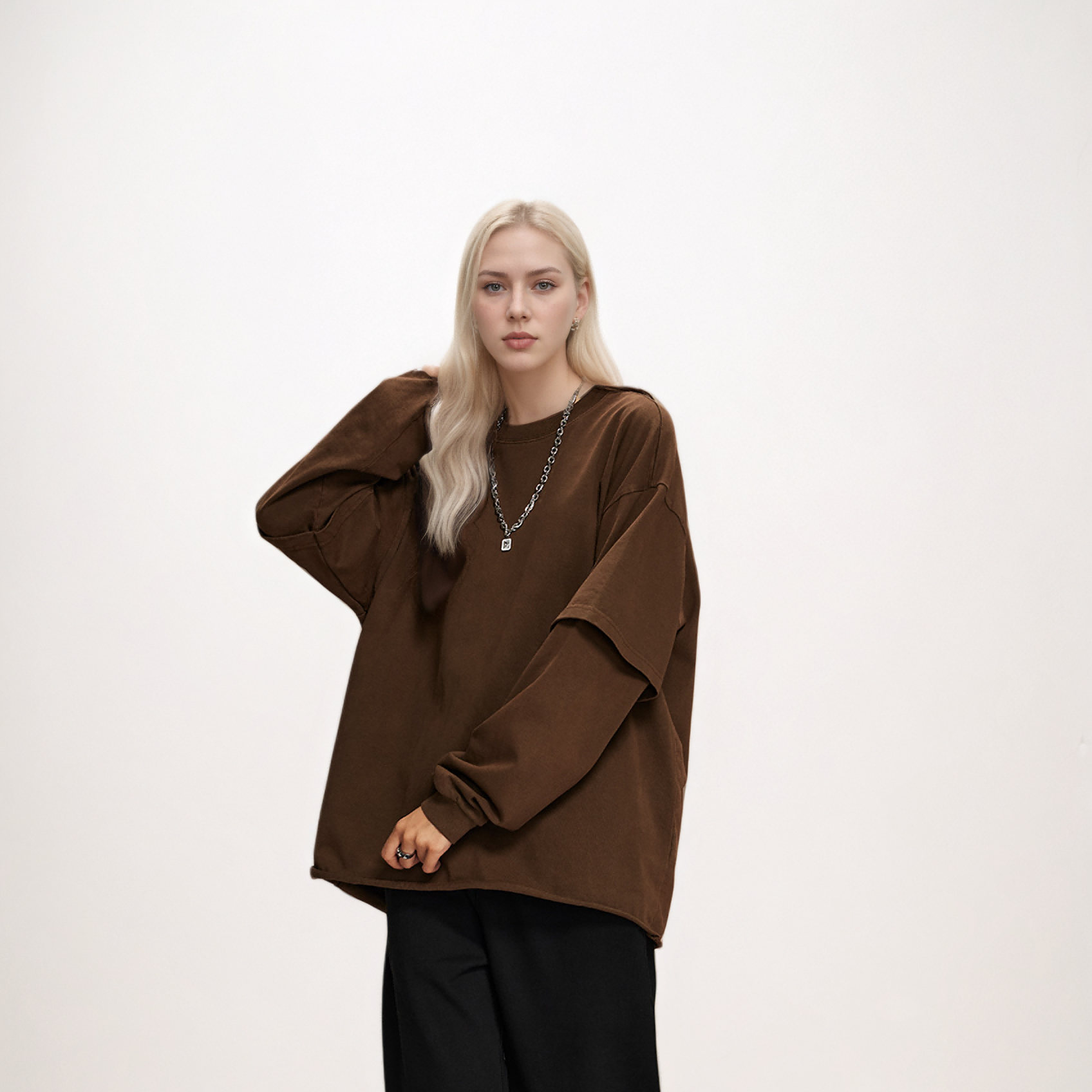 Heavyweight 345g Distressed Spliced Fake Two-piece Long Sleeve