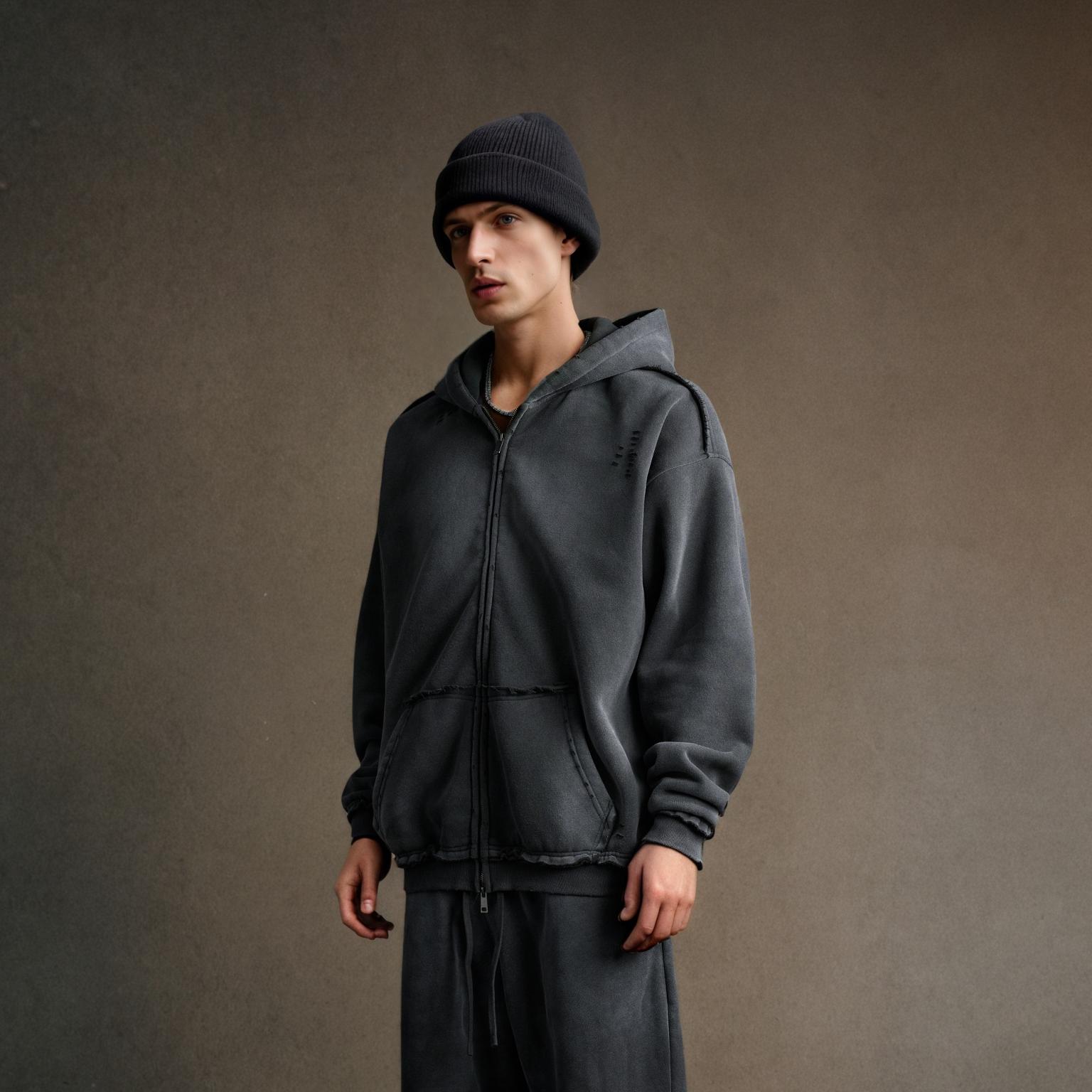 Fleece Washed Loose Edge Cut Hooded Jacket
