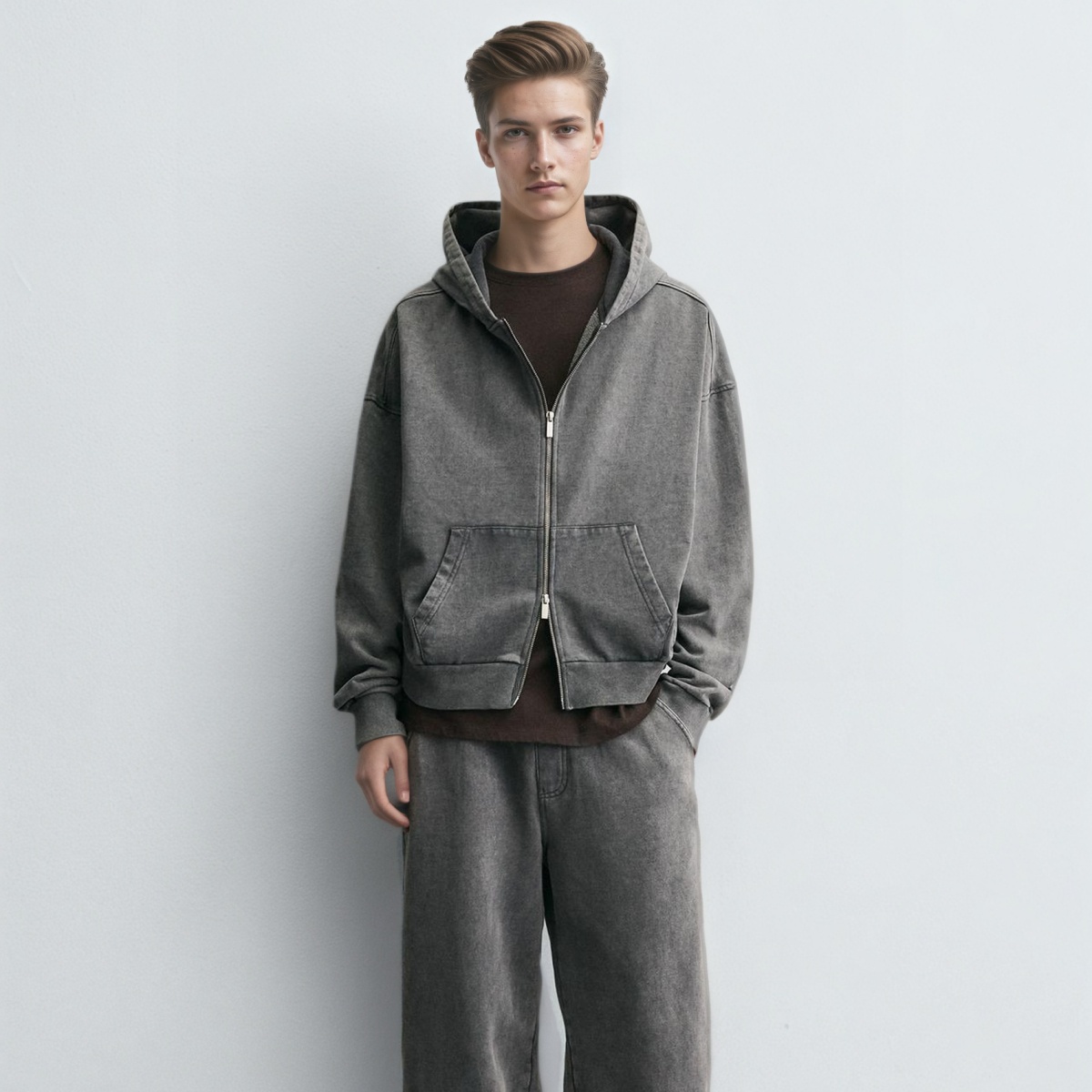 Vintage Wash Hooded Sweatshirt With Brushed Fleece Lining