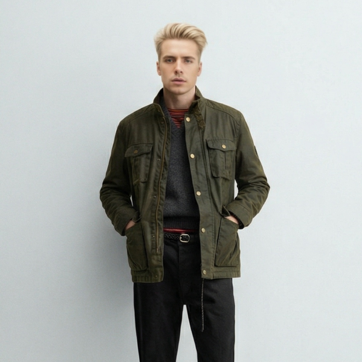 Giacca multiuso verde militare lavata a pietra - Tela mista con design multitasche per un lavoro duraturo e un abbigliamento casual