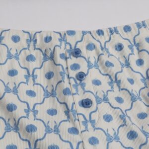 3-delt kortærmet pyjamassæt med geometrisk print og blondekant til kvinder i blå og hvid