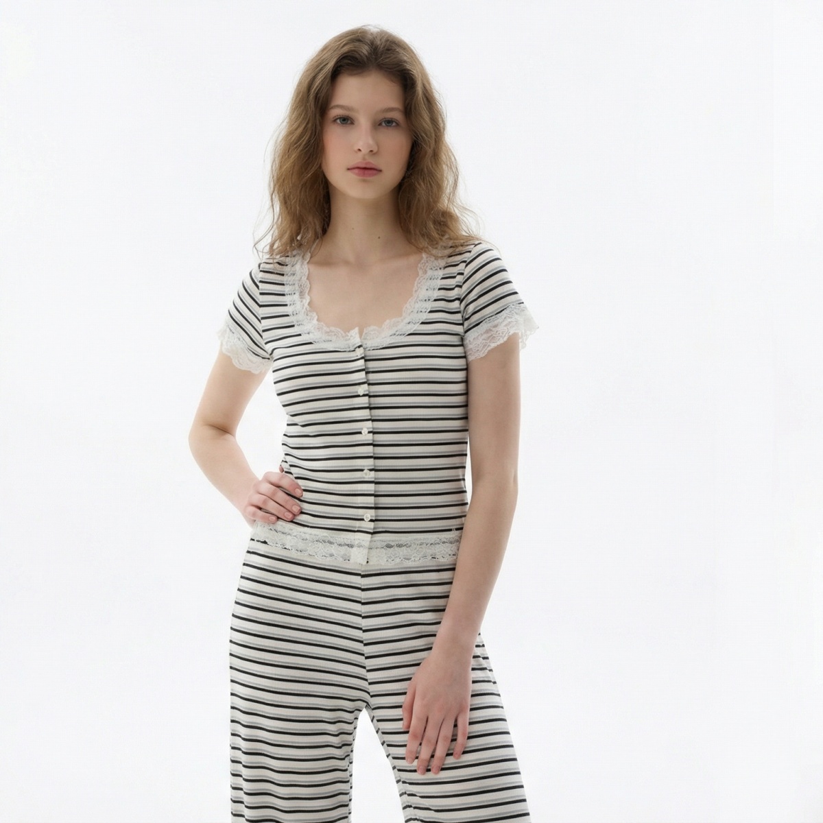 Women’s Black & White Stripe Lace Trim Short Sleeve & Pants Pajama Set